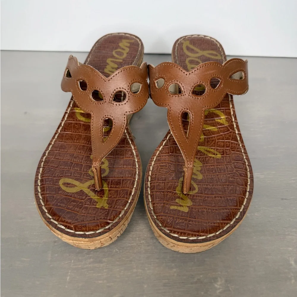 Sam Edelman Ralphie Wedge Sandals Womens 9.5 Brown Leather Cork Thong